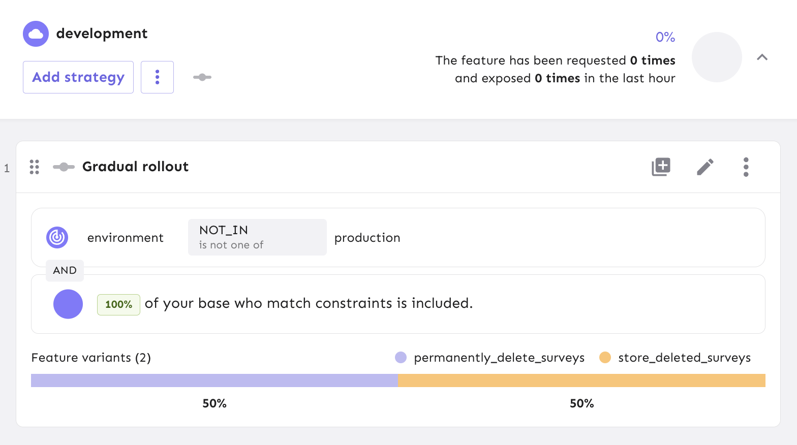 View the 2 feature variants we created in a 50/50 split between your users in the development environment.